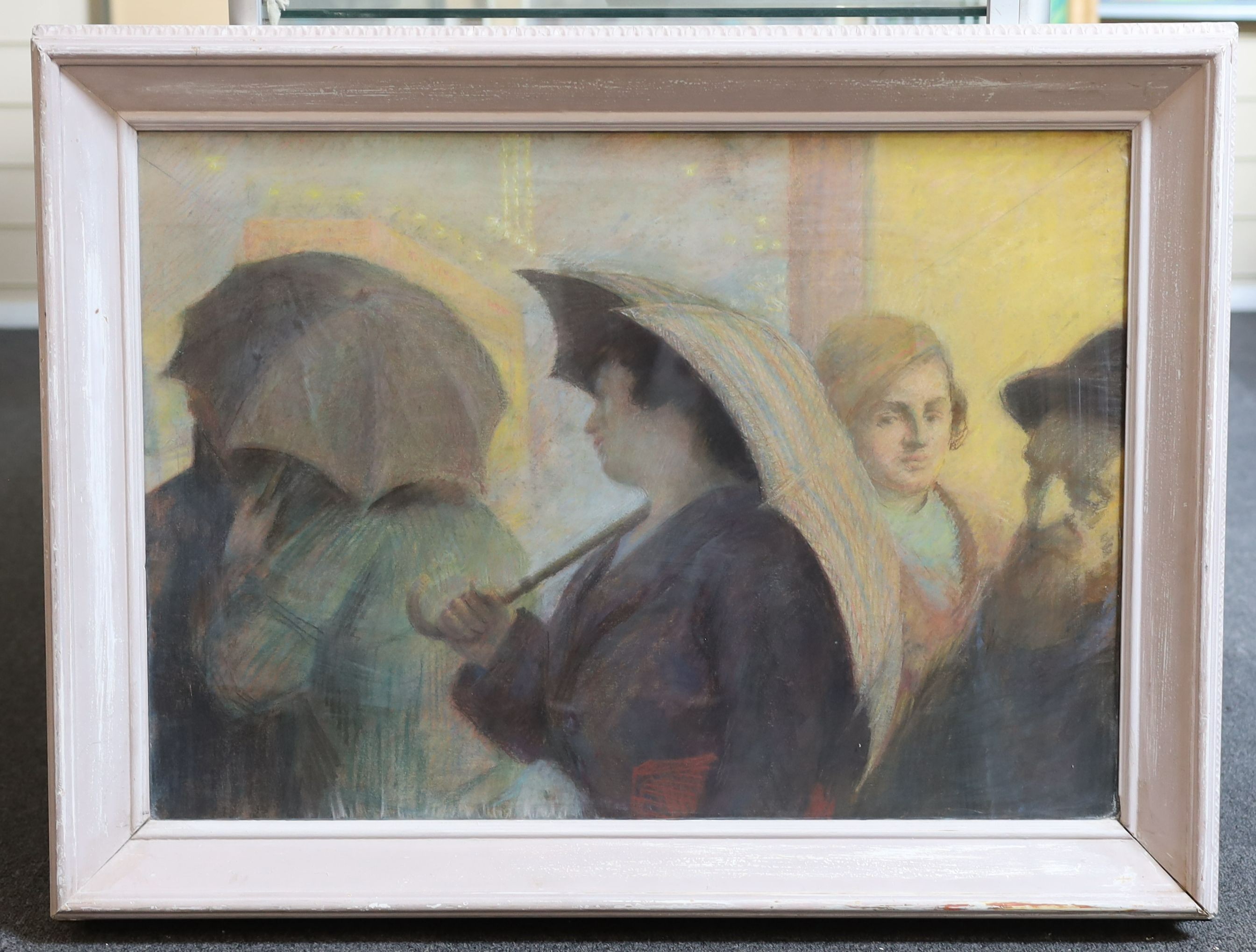 Modern British, pastel on paper laid on board, 'Umbrellas', 50 x 71cm